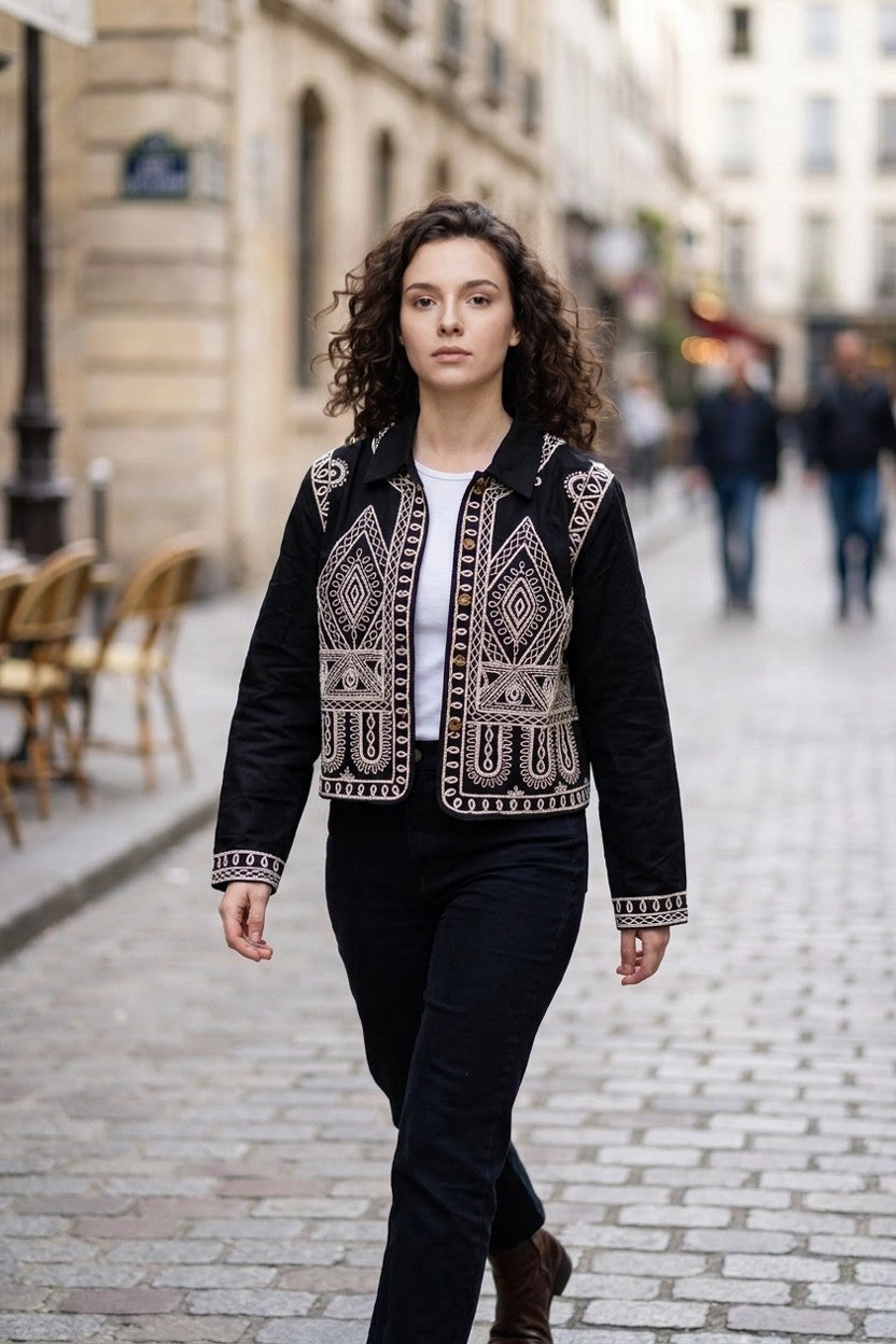 Sobrecamisa negra con bordado geométrico blanco abierta sobre look casual, look calle