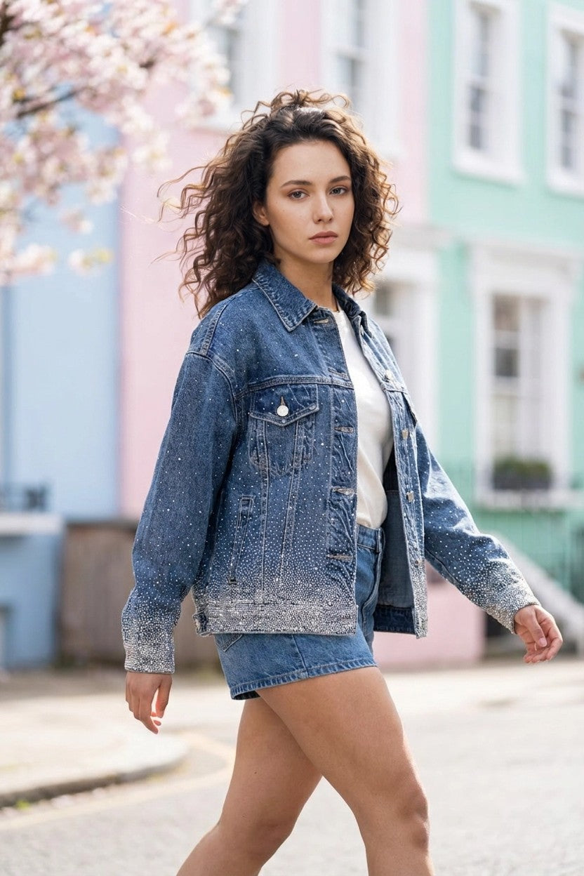 Mujer con chaqueta Brilli Brilli azul paseando por calle con casas de colores, shot lifestyle exterior