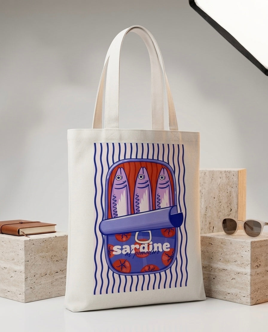 Tote bag blanca con ilustracion de lata de sardinas retro en azul y naranja, vista frontal