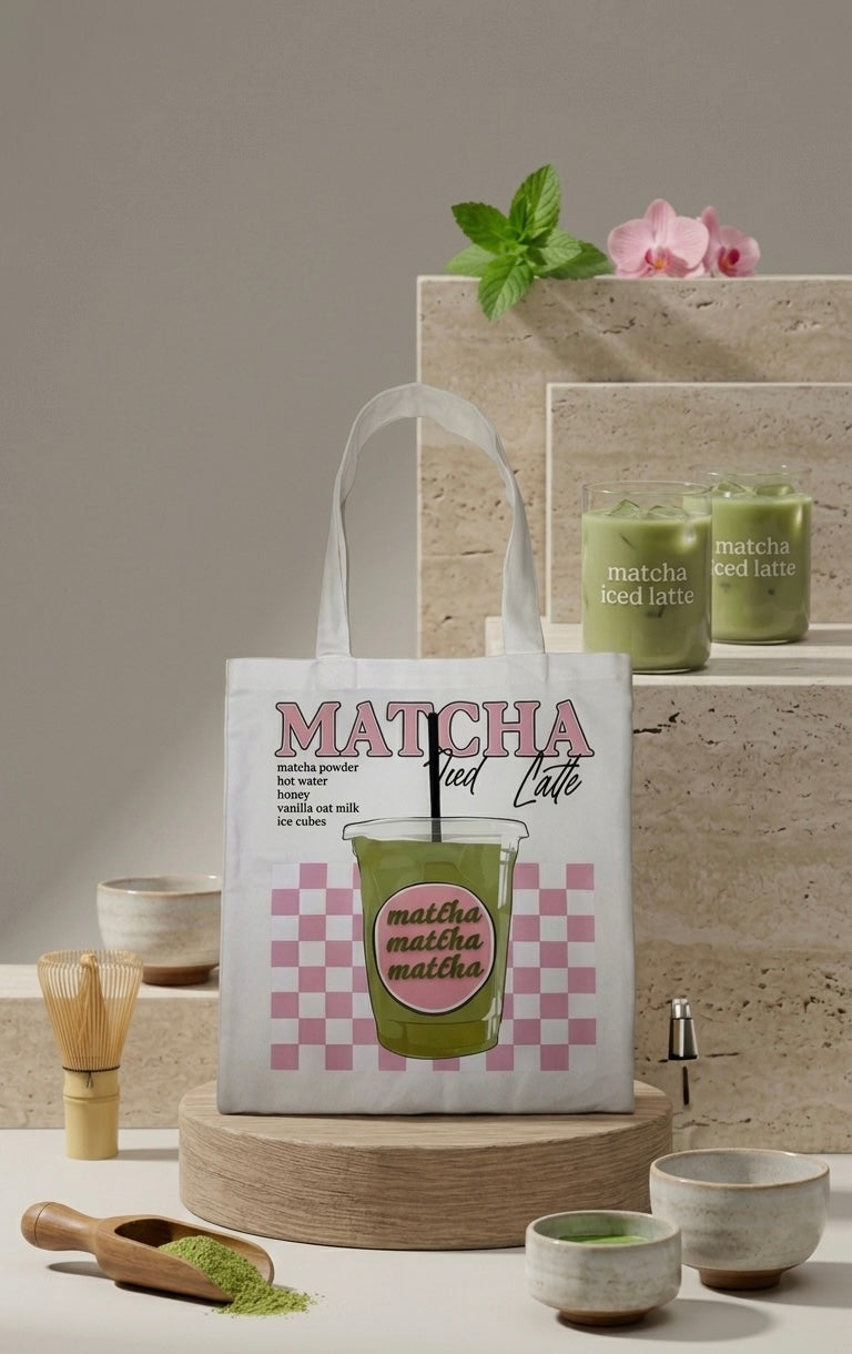 Tote bag blanca con ilustracion retro de iced matcha latte sobre cuadros rosas, vista frontal