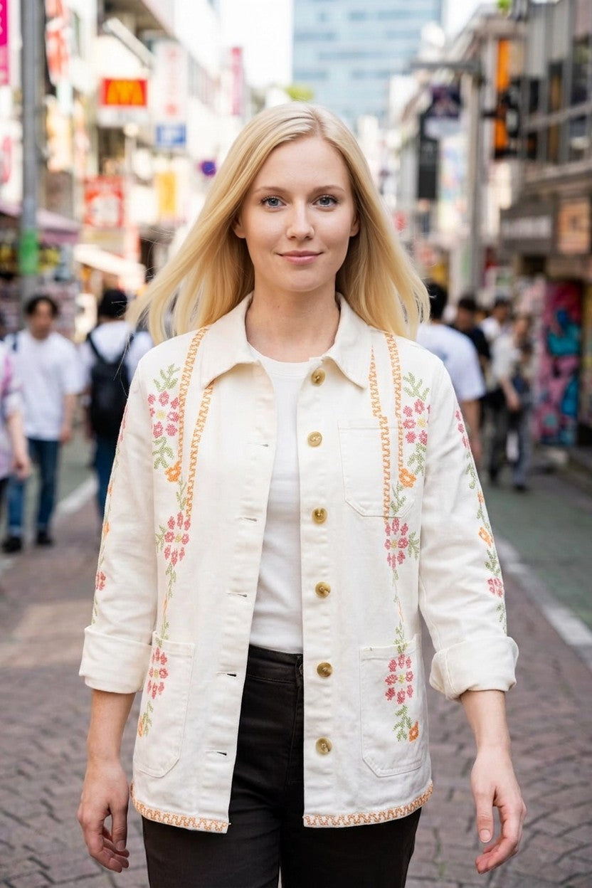 Mujer con chaqueta blanca punto de cruz en exteriores, look completo en ambiente urbano