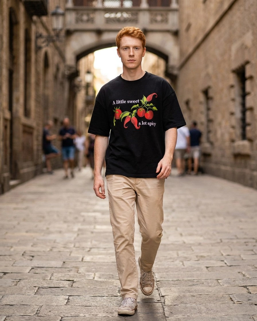 Hombre con camiseta negra sweet & spicy en exterior urbano Barcelona